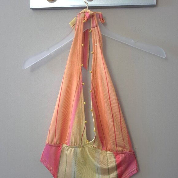 NWT Rococo Sand printed yellow & coral beaded accent halter one piece swimsuit - Picture 5 of 6